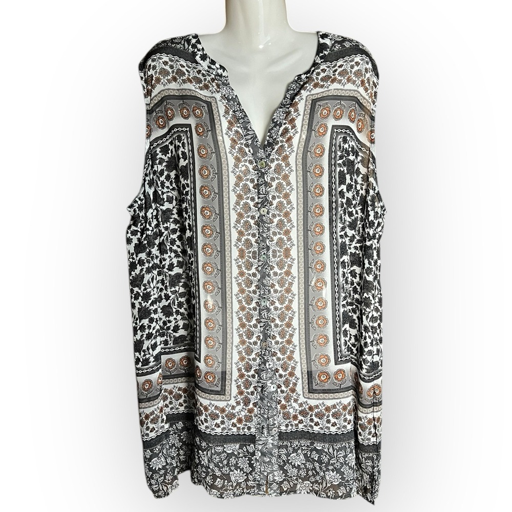 Susan Graver Gray White Floral Sheer Sleeveless Long Button Top Tunic-Boho‎ 1XP